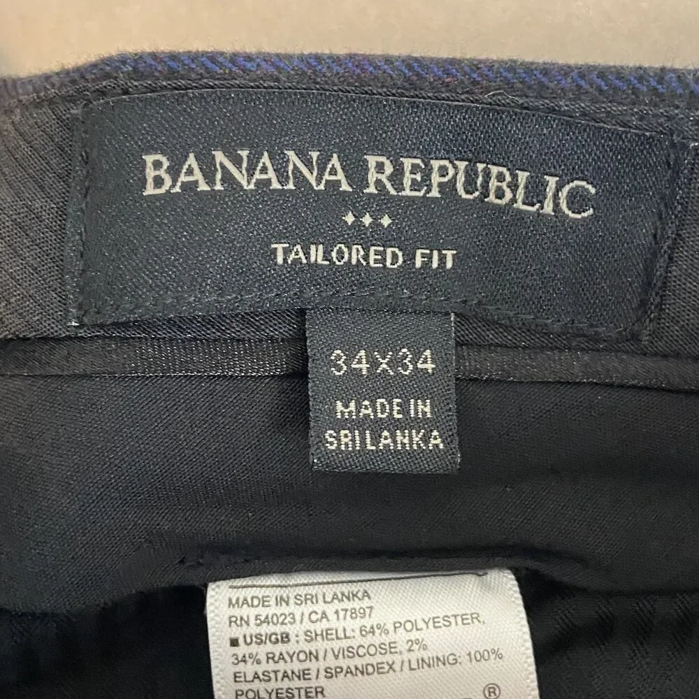 Banana‎ Republic Tailor Fit Trouser Pants Men's 34x31.5* Dark Blue Plaid Preppy